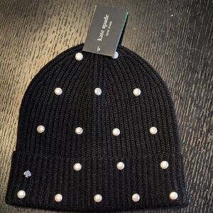 Kate Spade Black Knit Hat with Pearl Details
